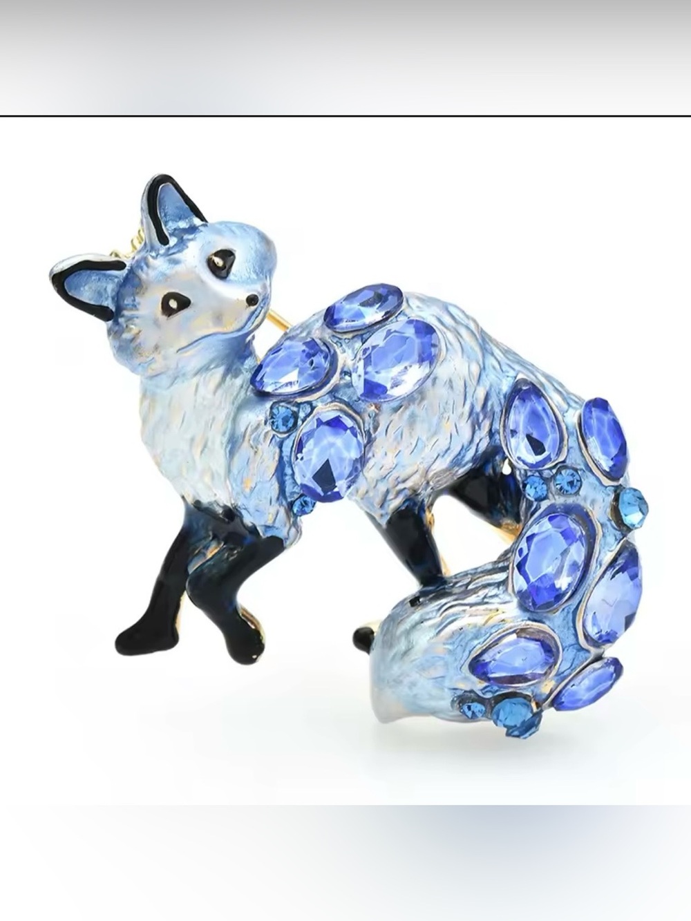 LITTLE SNOW FOX BROOCH winter blue enamel kitsune crystal animal pin U5
